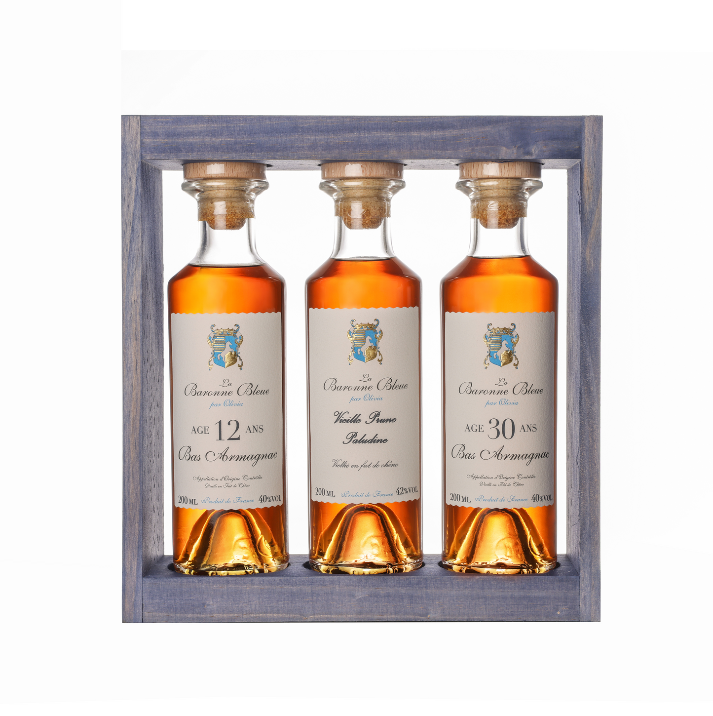Coffret 3 mignonnettes 20 cl La Baronne Bleue, coffret bois