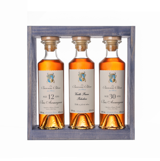Coffret 3 mignonnettes 20 cl La Baronne Bleue, coffret bois